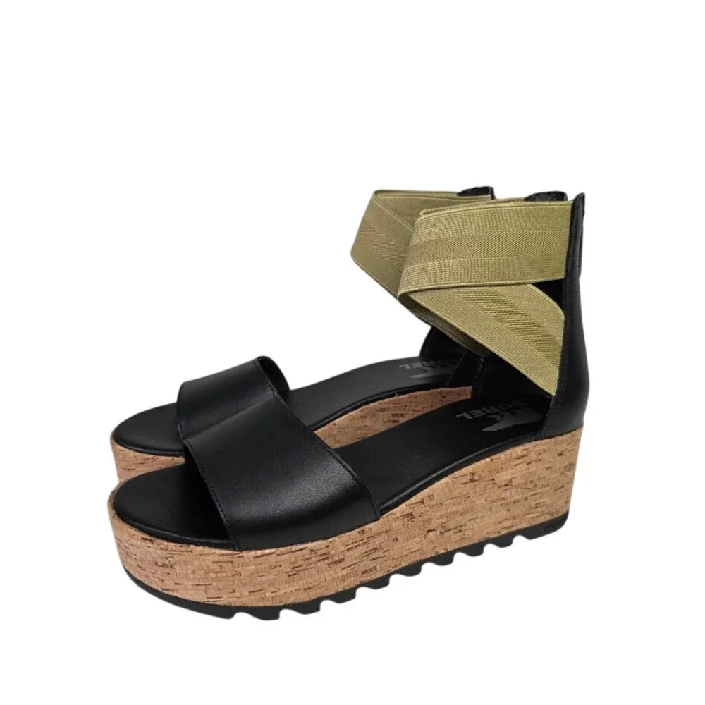 Sorel Women 7.5 Cameron Flatform Sandals Black Sage Cork LL6025-010